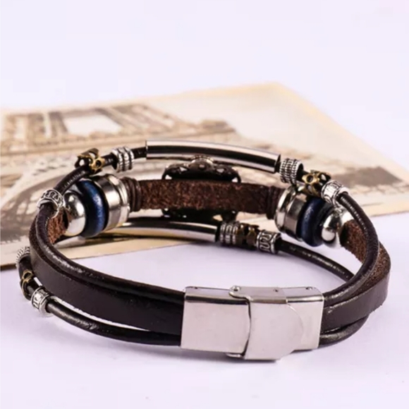 1 left Brown faux leather multi layered bracelet - Picture 3 of 8